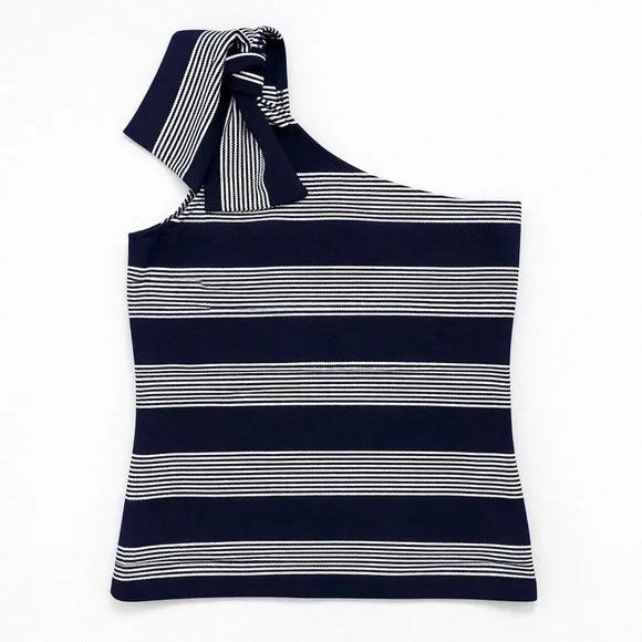 BISHOP & YOUNG Navy Striped One Shoulder Bow Top Size Small - Picture 2 of 12